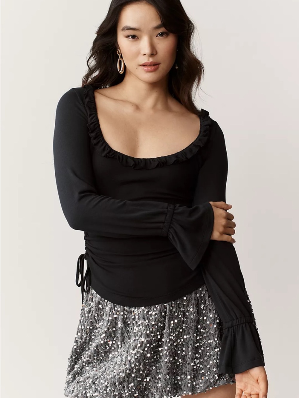 Anthropologie Maeve Long Sleeve Scoop Neck Ruched Top Small Black Vampcore NWT